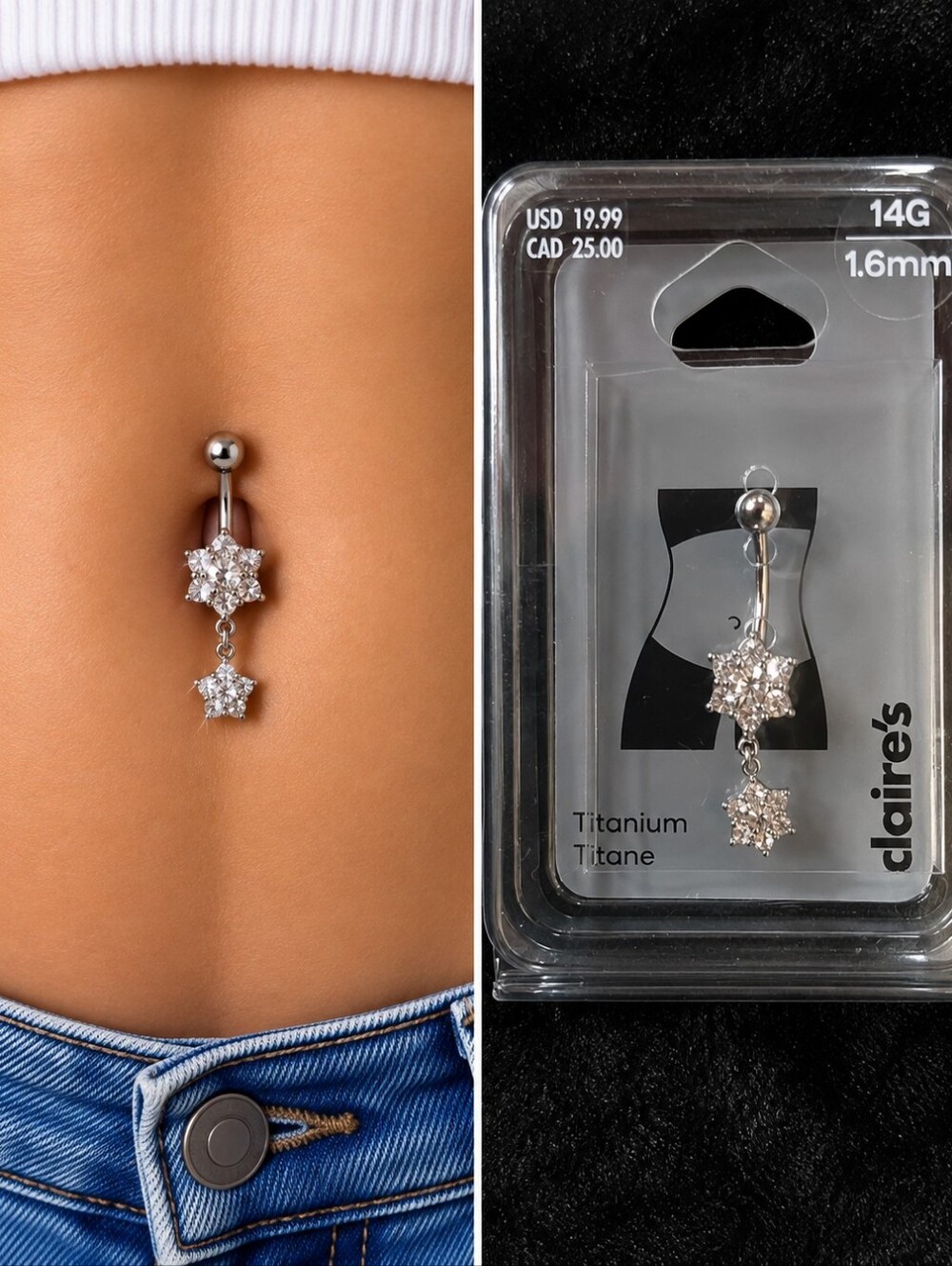 Claire’s Titanium Crystal Double Star Dangle Belly Ring 14G NWT